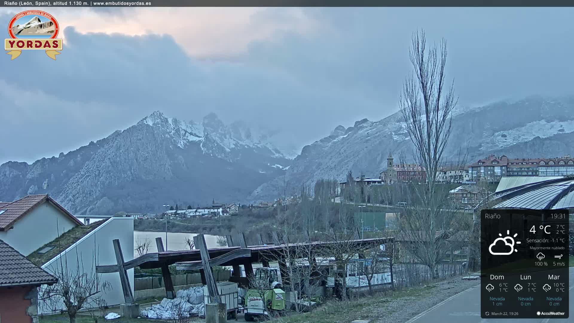 A mostly cloudy view of a snow-dusted mountain range behind a town with buildings and trees, under a pale sky.
