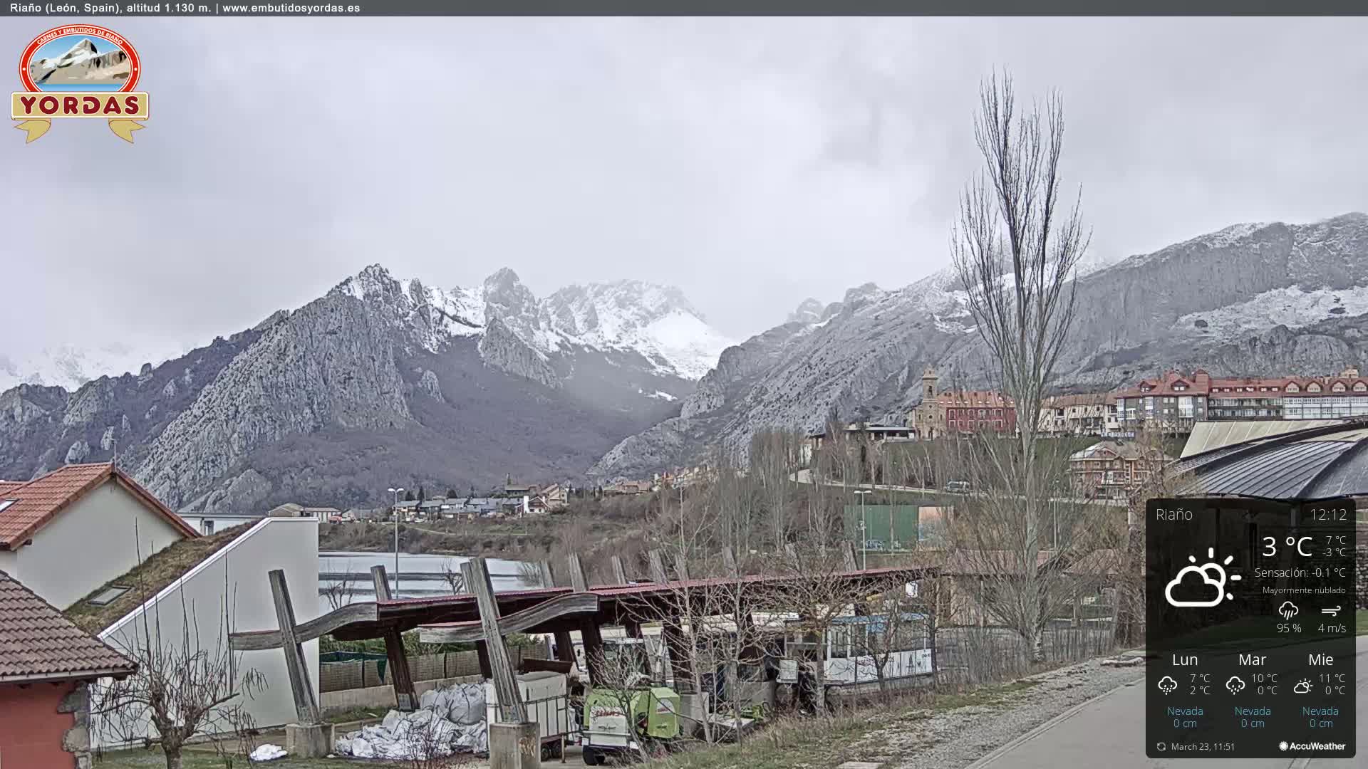 A town nestled in a valley between snow-dusted mountains under a mostly cloudy sky.