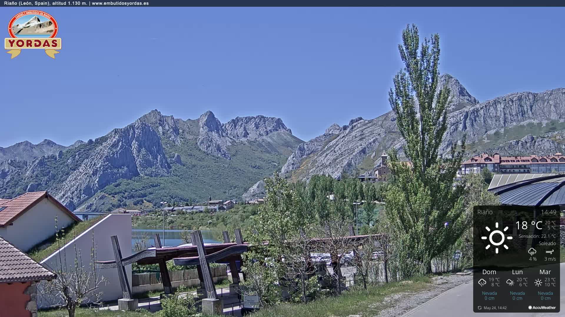 A sunny view of a town nestled at the base of a mountain range, with a lake in the foreground.