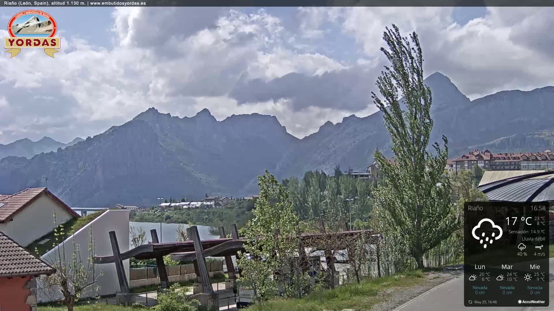 A partly cloudy day with light rain shows a mountain range in the background overlooking a town next to a lake.