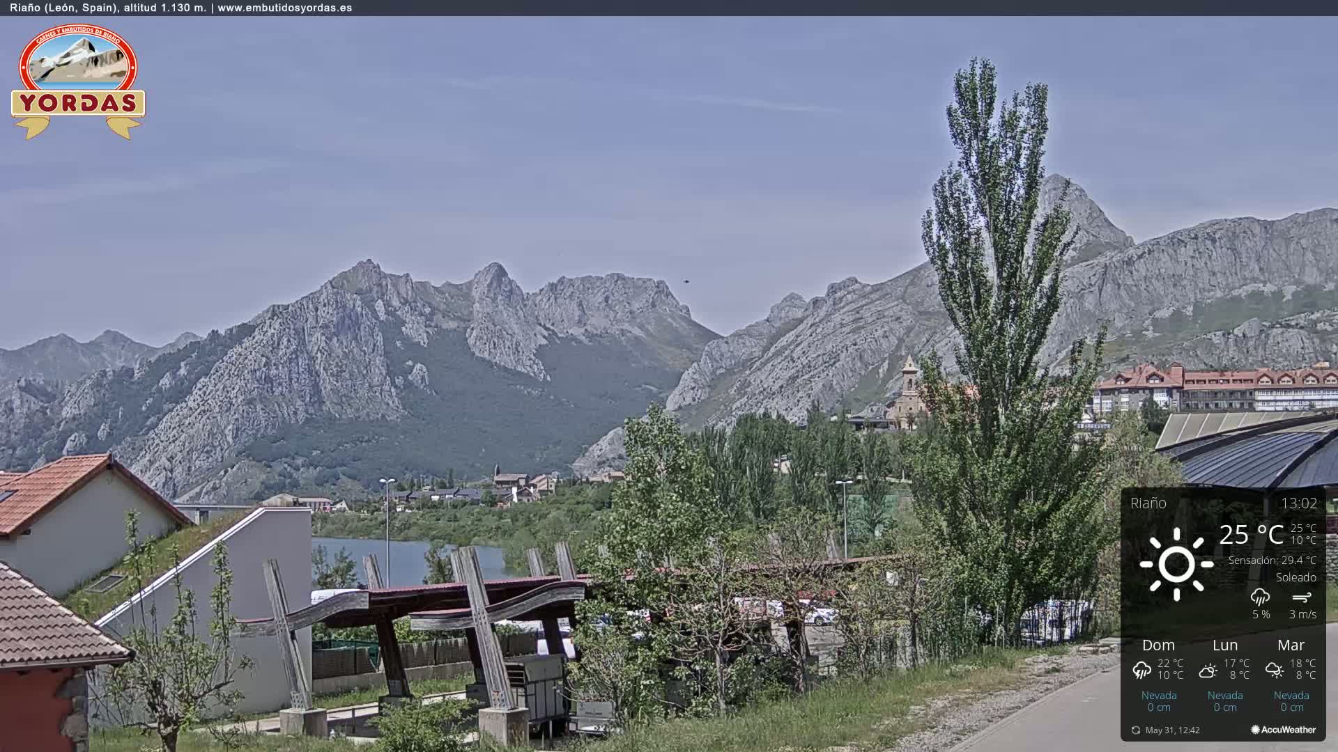A sunny view of a town nestled in a valley, surrounded by large, grey mountains.