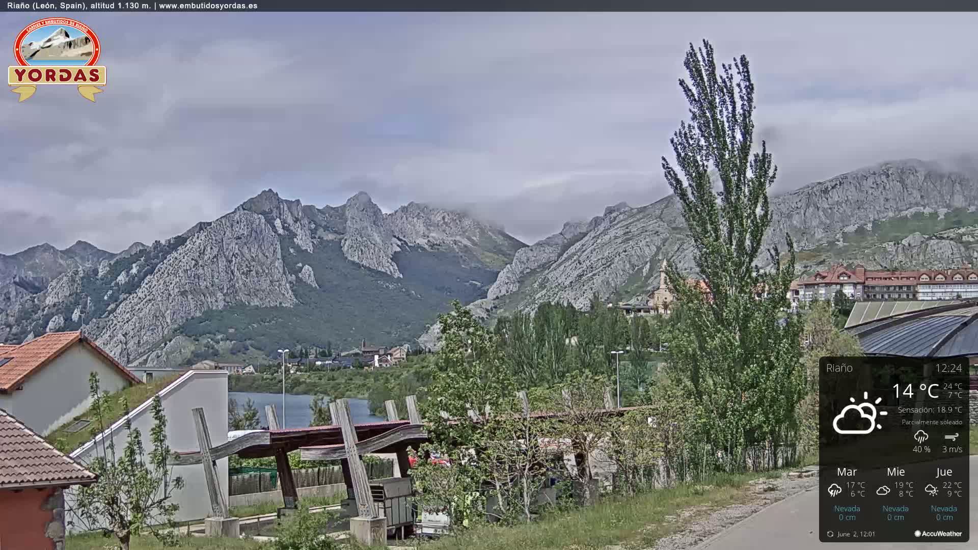 A partly sunny view of a town nestled at the base of a mountain range, with a lake visible in the middle ground.