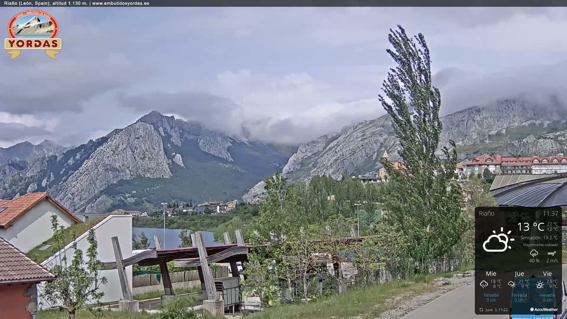 A partly cloudy view of a town nestled in a valley surrounded by mountains, with a small body of water visible.