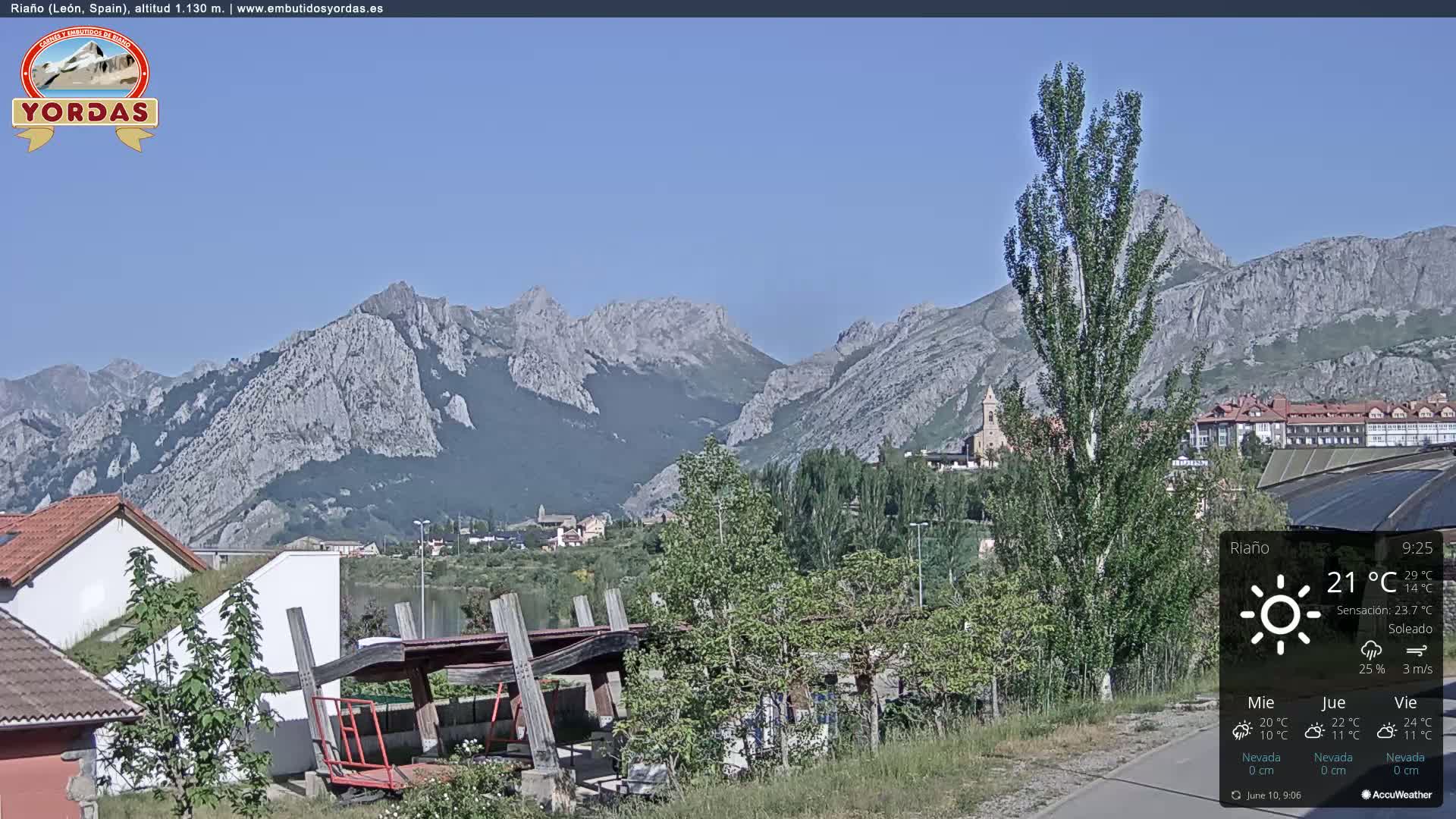 A sunny view of a town nestled in a valley, surrounded by mountains.