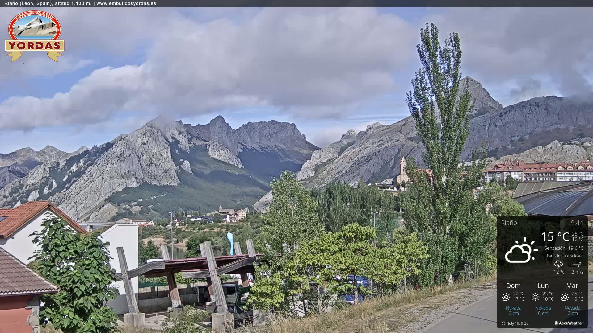 A partly sunny view of a town nestled in a valley, surrounded by large, gray mountains.