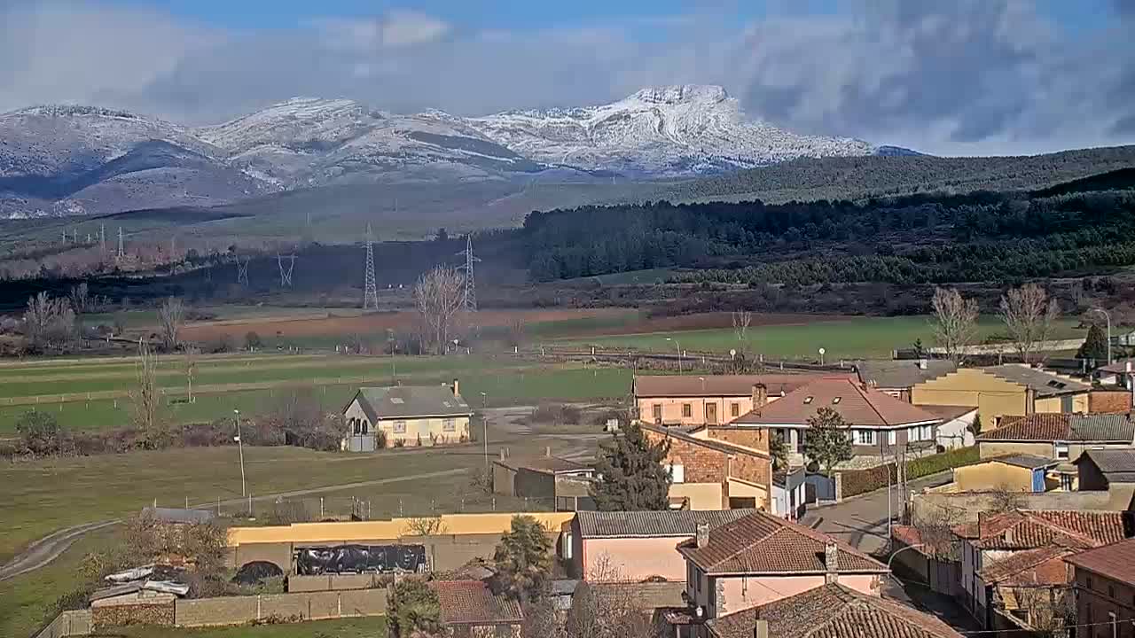 A snow-capped mountain range overlooks a rural village of low-slung buildings under a partly cloudy sky.