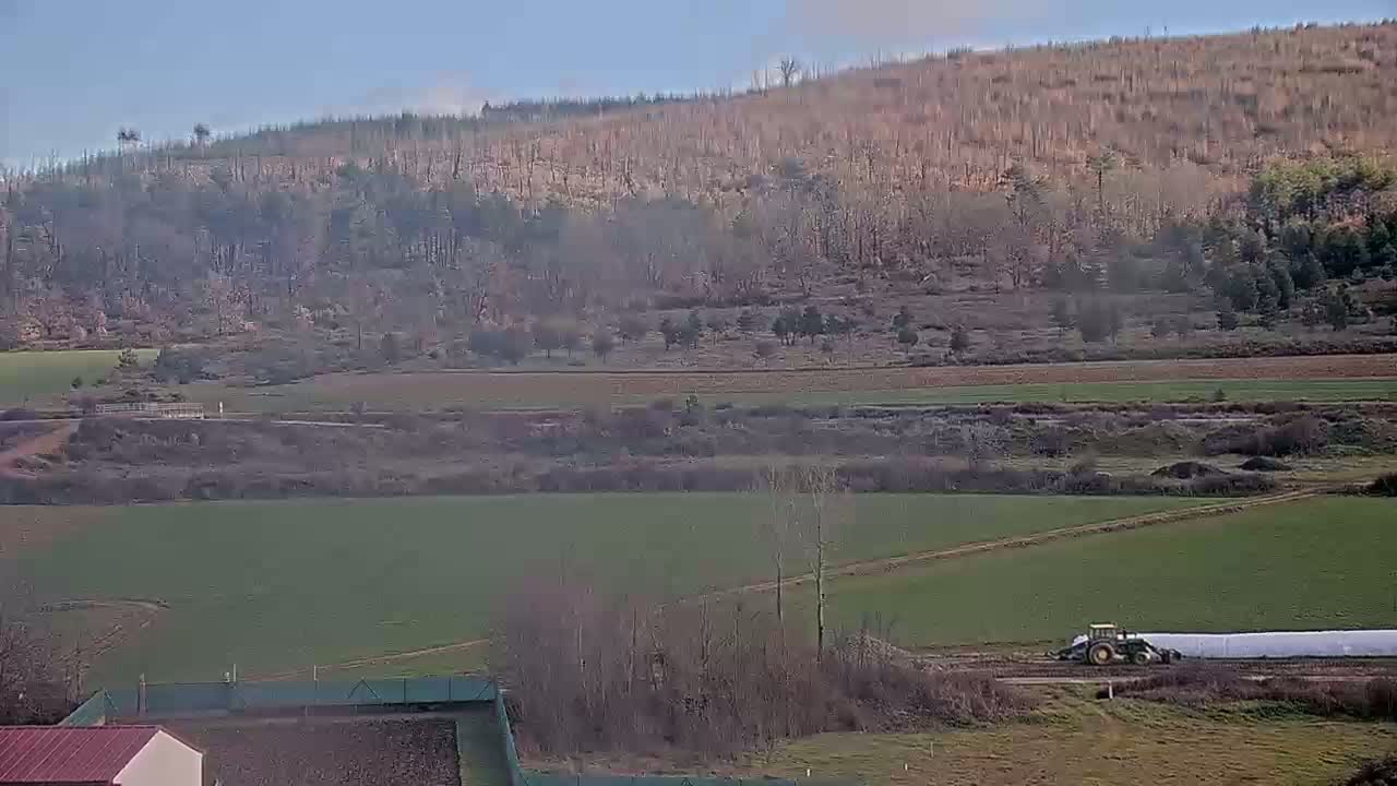 A tractor wraps a large bale of silage in plastic in a rural landscape under a clear, sunny sky, with a hillside of mostly bare, dead trees in the background.