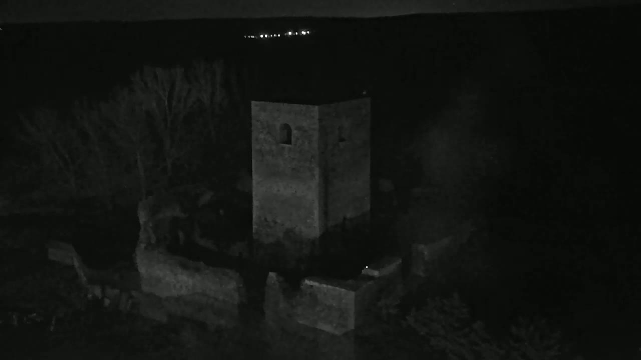 A stone tower, part of a larger ruin, stands silhouetted against a dark, nighttime sky with distant lights visible on the horizon.