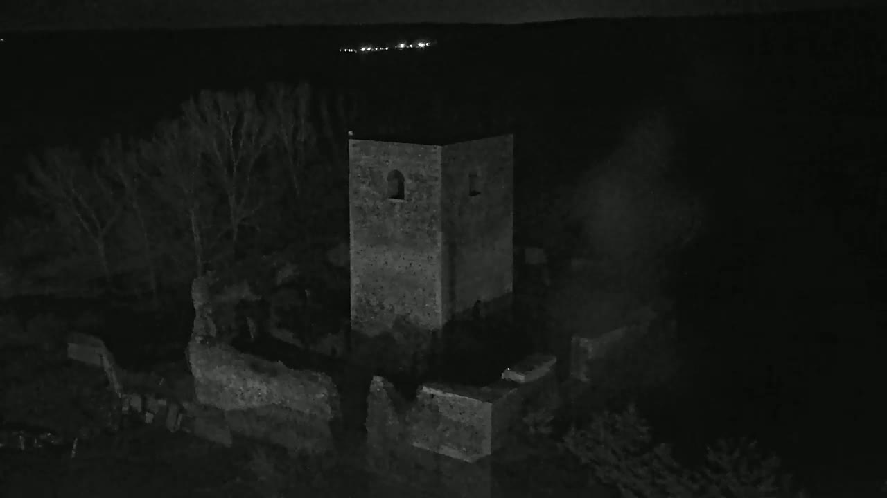 A stone tower, part of a larger ruin, is seen at night, surrounded by bare trees under a dark sky.