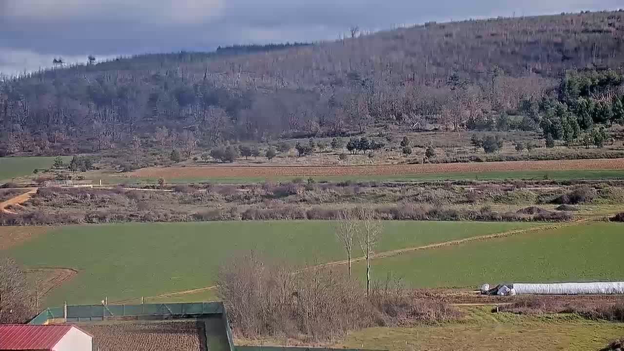 A partly cloudy day reveals a landscape of farmland with patches of green and brown fields, bordered by a hill covered in mostly bare, gray-brown trees.