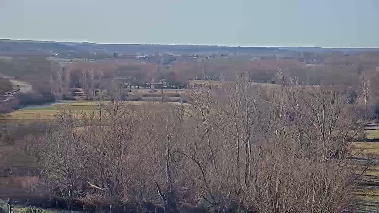 A long-range view of a flat, sparsely populated landscape under a clear sky shows bare, winter trees and fields of dried grass.