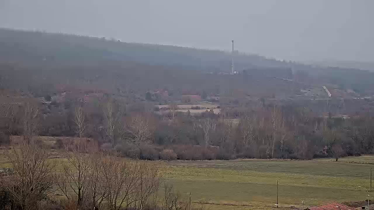 A hazy, overcast day reveals a rural landscape of bare winter trees, fields, and a distant hilltop with a tall structure.