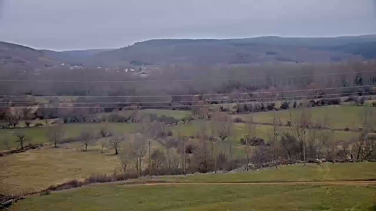 A sprawling, mostly barren landscape under an overcast sky features a valley dotted with leafless trees and power lines, leading to distant, tree-covered hills.