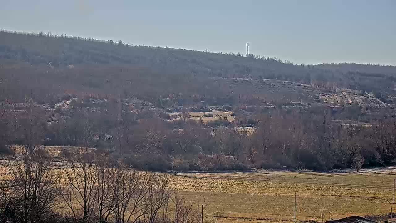 A hazy, sunny day reveals a landscape of barren, winter trees, a frost-covered field, and a distant hill with a communication tower.