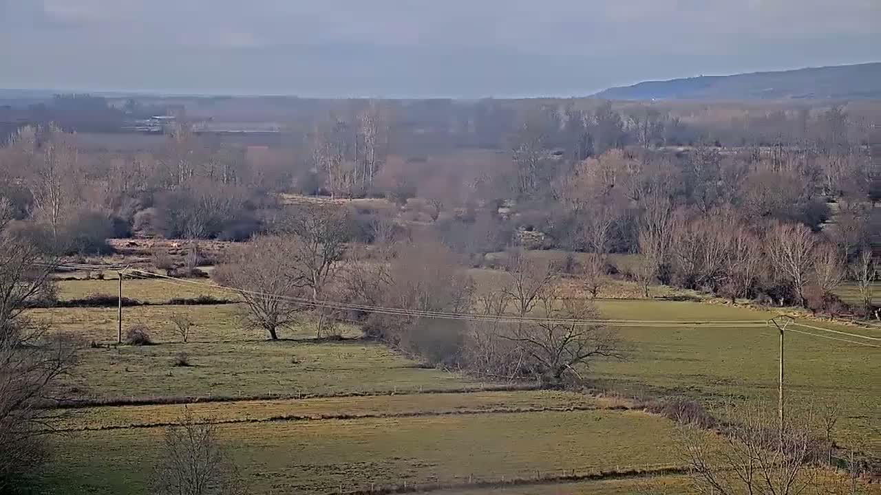 A panoramic view of a rural landscape under a hazy, bright sky shows fields divided by bare, winter trees and hedgerows.