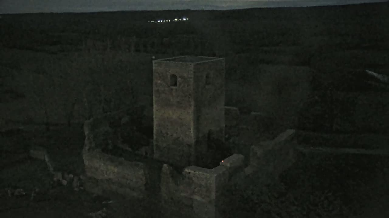 An aerial nighttime view shows the dark stone ruins of a tower and surrounding structures under a dusky sky.