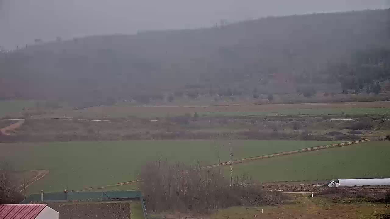 A hazy view of farmland with patches of green fields and bare trees in the foreground, extending to a line of distant, indistinct hills under an overcast sky.