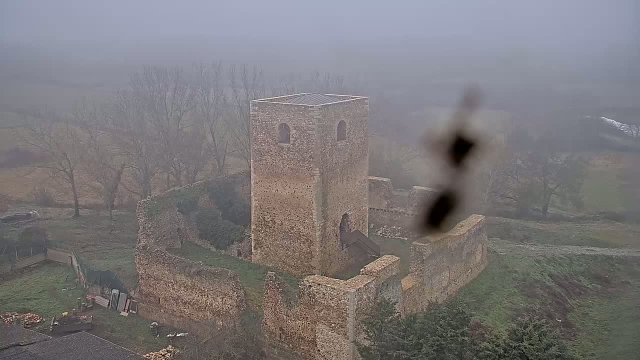 A stone tower and surrounding ruins stand in a foggy landscape, with bare winter trees visible in the distance.