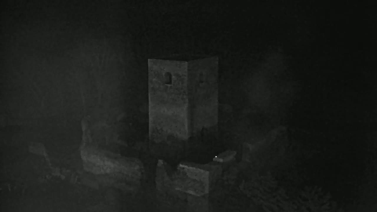 A stone tower stands in the darkness of a foggy night.