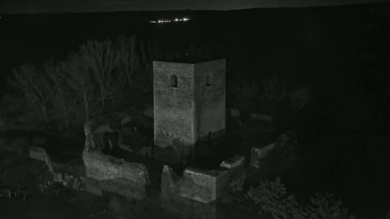 At night, stone ruins, including a tall square tower, are surrounded by bare trees under a dark sky with distant lights.