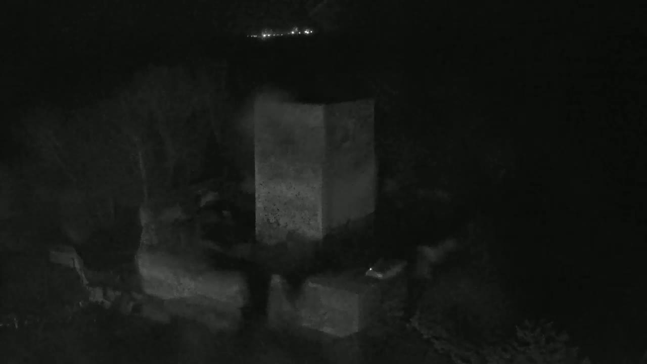A tall, rectangular stone structure is visible at night, partially obscured by shadows and vegetation, with distant lights faintly illuminating the upper portion of the image.