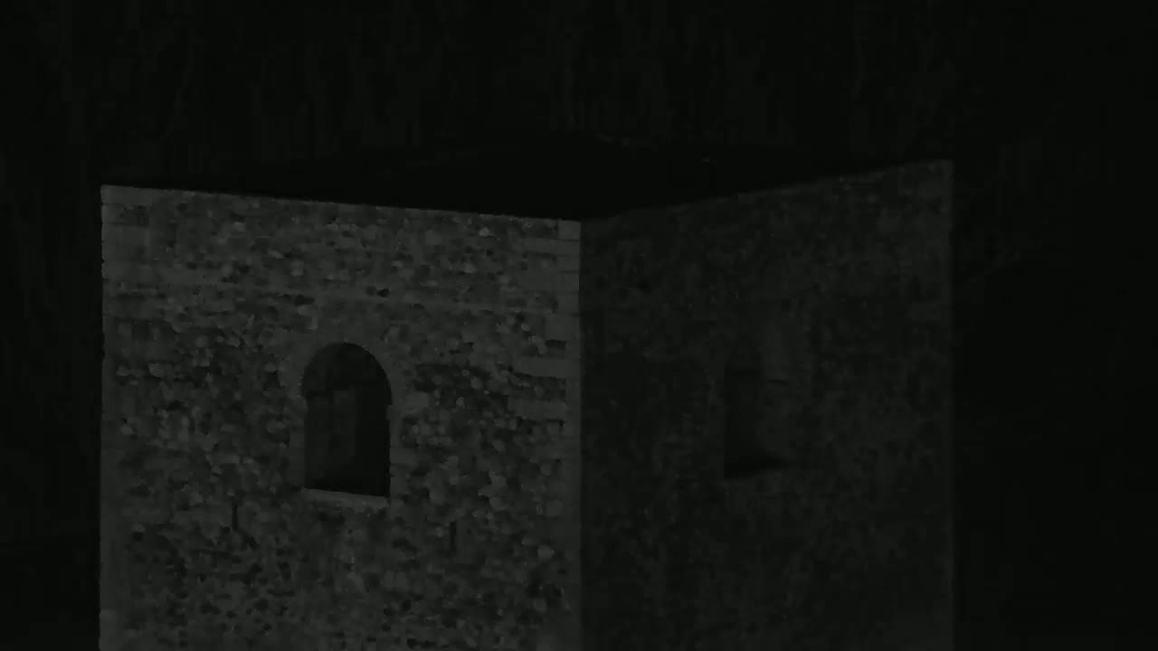 A dark stone corner of a building with an arched window is visible at night.