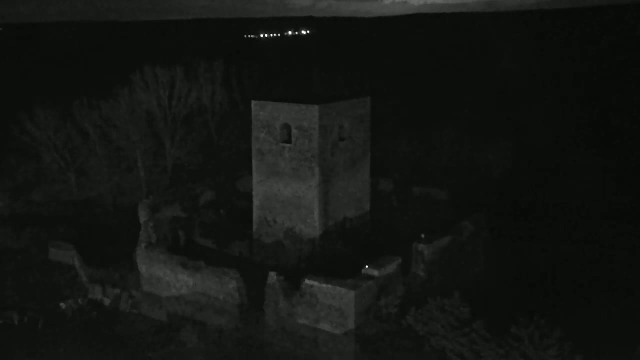 A stone tower, partially ruined, stands at night among dark trees and low walls under a dark sky with distant lights.