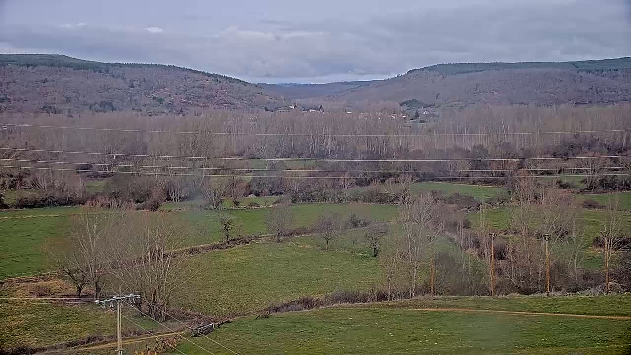 A valley with bare trees and green fields under a cloudy sky is seen from a high vantage point, with power lines crossing the landscape.