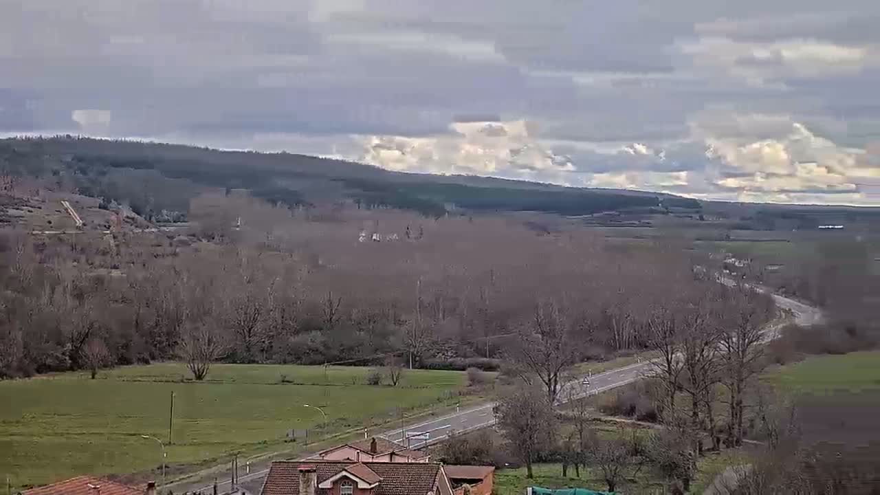 A long, paved road winds through a valley of bare, winter trees under a mostly cloudy sky.