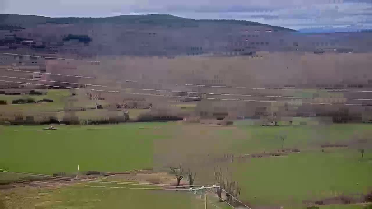 A wide, grassy field stretches towards a line of bare trees and distant, rolling hills under an overcast sky.
