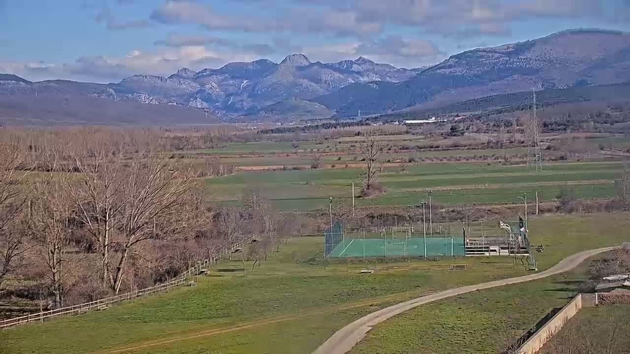 A green outdoor basketball court sits in a grassy field, with a dirt path leading to it, bare winter trees, and a mountain range in the distance under a partly cloudy sky.