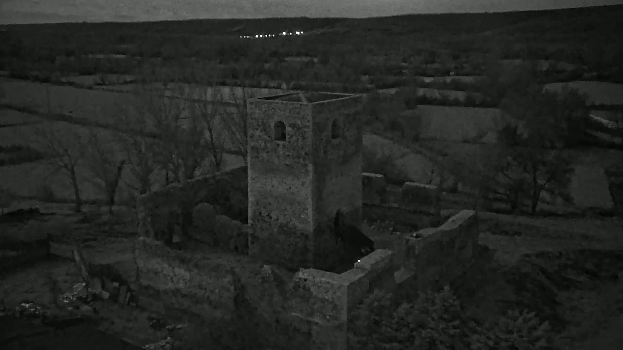 A stone tower, part of a larger ruined structure, sits amidst a dark, tree-filled landscape under a dim, possibly nighttime sky.