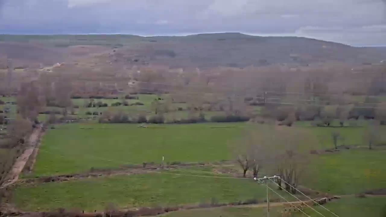 A sprawling green valley under a cloudy sky, dotted with bare winter trees and a winding dirt road.