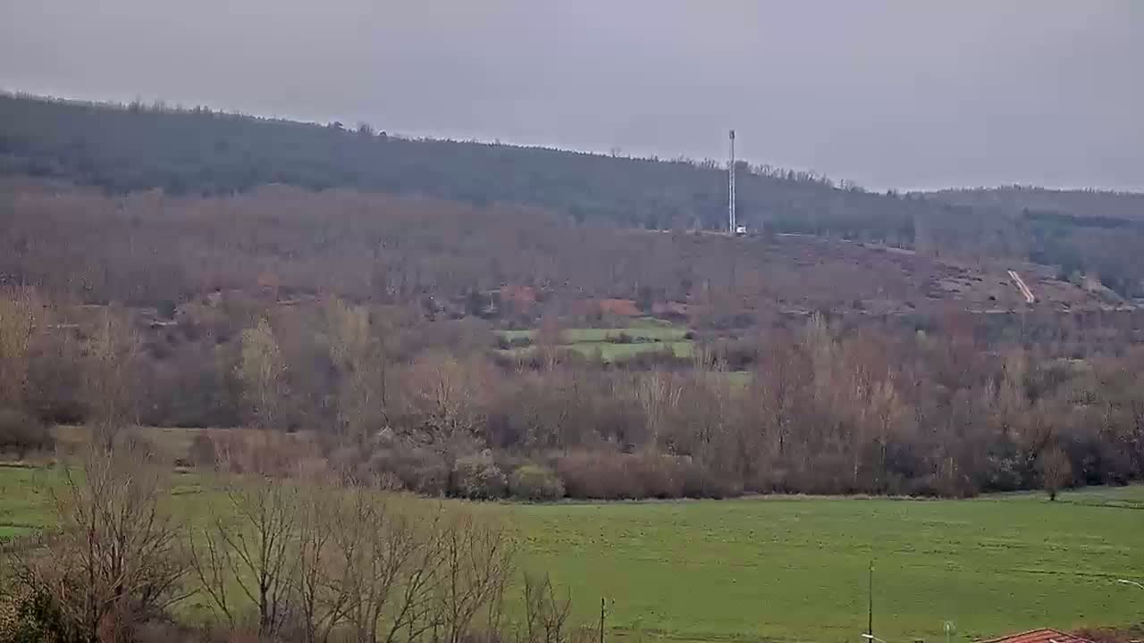 A long shot of a rural landscape under an overcast sky shows a field, bare trees, and a hill topped with a communications tower.