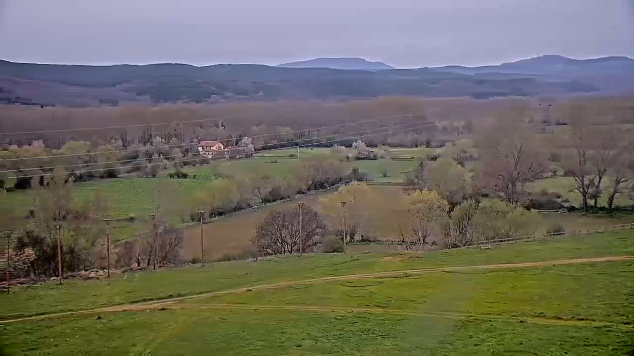 A sprawling green valley dotted with leafless trees and a few buildings under an overcast sky, with distant mountains visible on the horizon.
