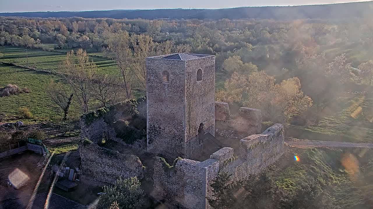Stone ruins of a tower and surrounding walls stand in a grassy field under a hazy, sunny sky, overlooking a distant forest.