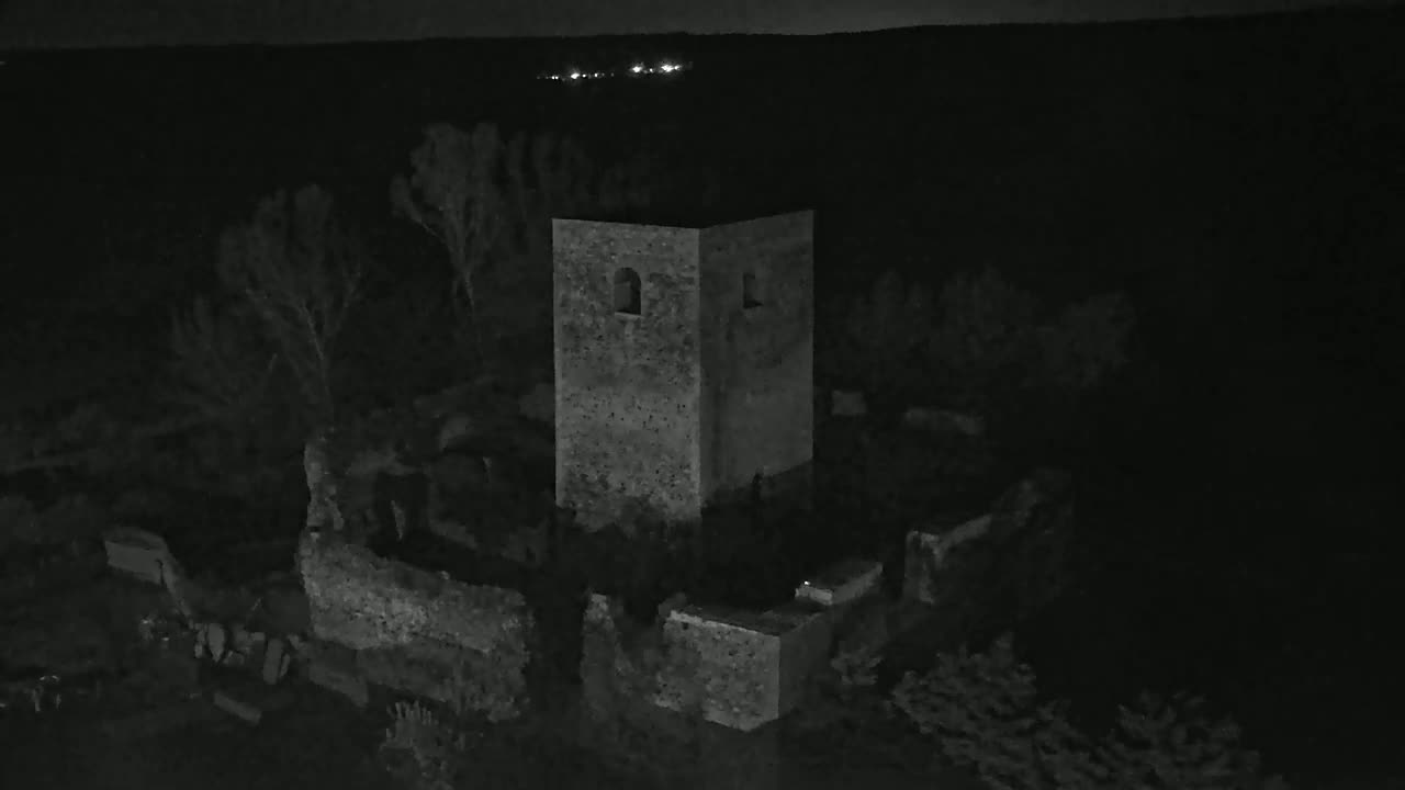 A stone tower, part of a larger ruined structure, stands amidst sparse trees under a dark night sky.