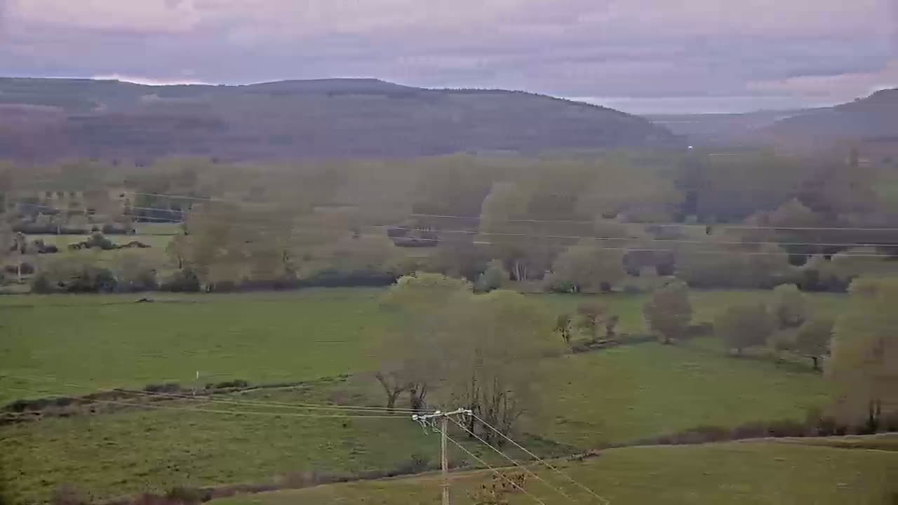 A panoramic view of a valley reveals rolling green hills dotted with deciduous trees under an overcast sky.