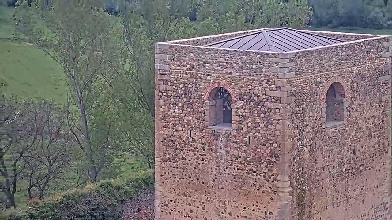 A stone tower with a metal roof stands amidst green trees and a grassy field under a seemingly overcast sky.