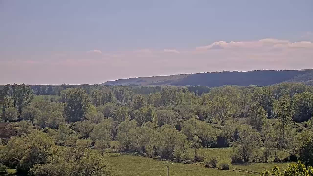 A mostly clear sky overlooks a verdant valley filled with deciduous trees and a grassy field, leading to a distant, tree-covered ridge.