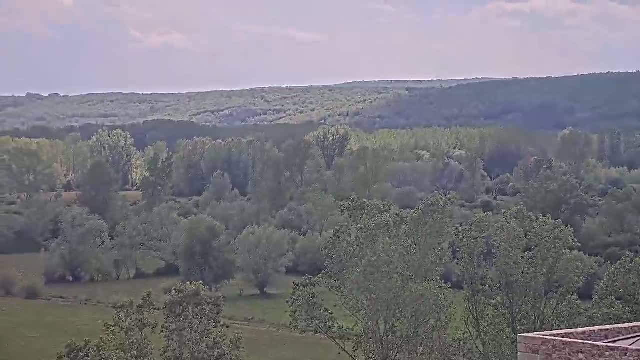 A mostly cloudy day reveals a sprawling landscape of green trees and fields, extending to distant hills.