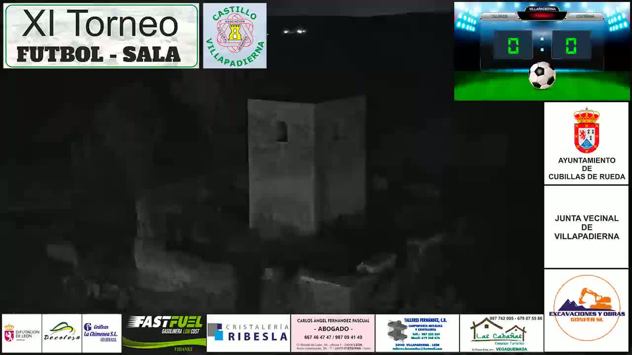 A nighttime, low-light image shows a stone structure that appears to be a ruin or tower.