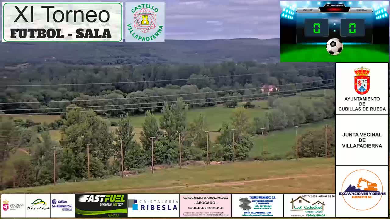 A high-angle, long shot shows a verdant field, dotted with trees and power lines, under a cloudy sky.