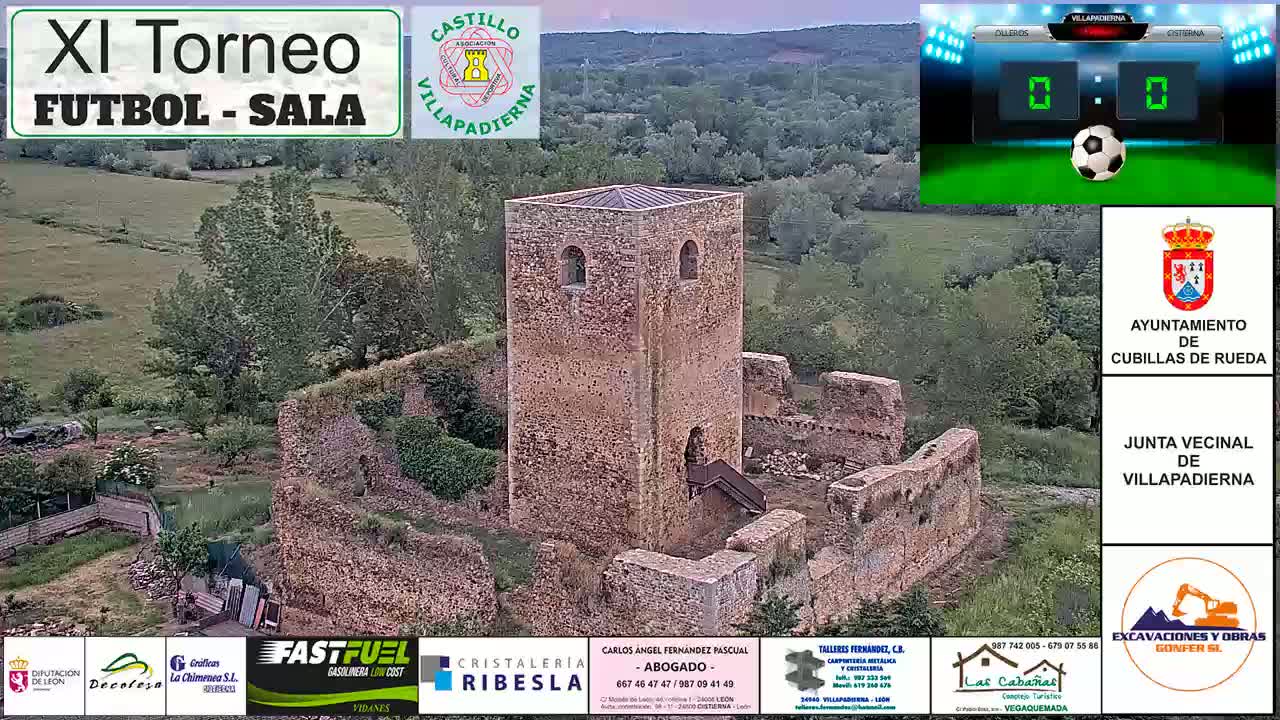 An aerial view shows a stone tower and surrounding ruins of a castle on a partly sunny day in a rural landscape.