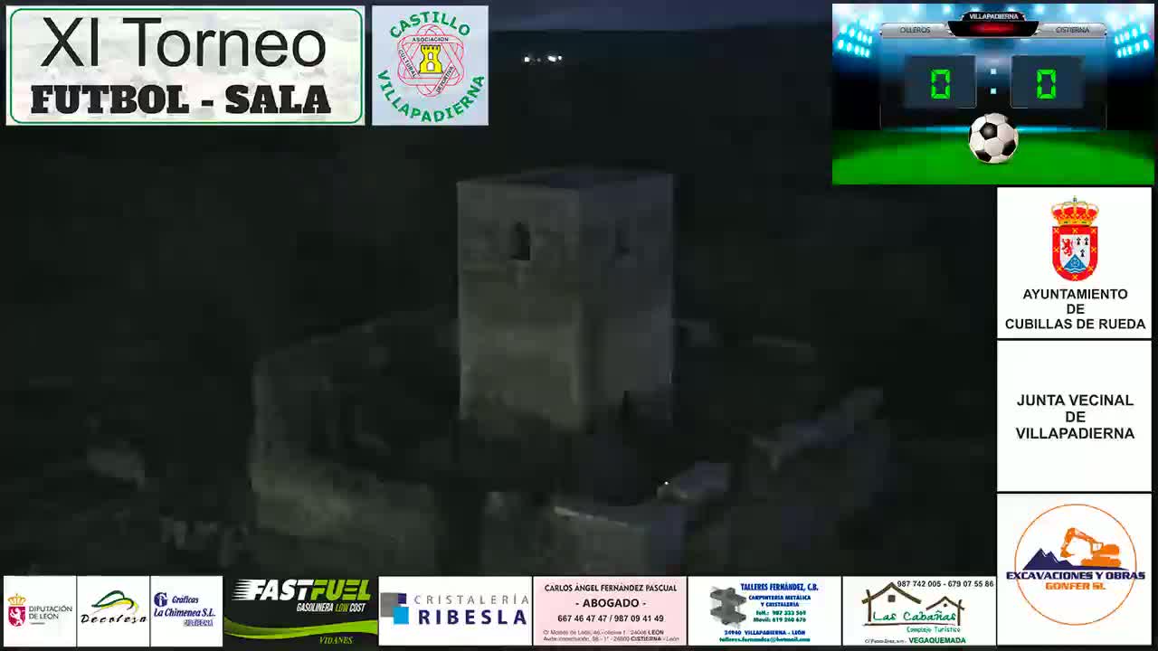A dark, nighttime aerial view shows a stone tower, possibly part of a castle or ruins.
