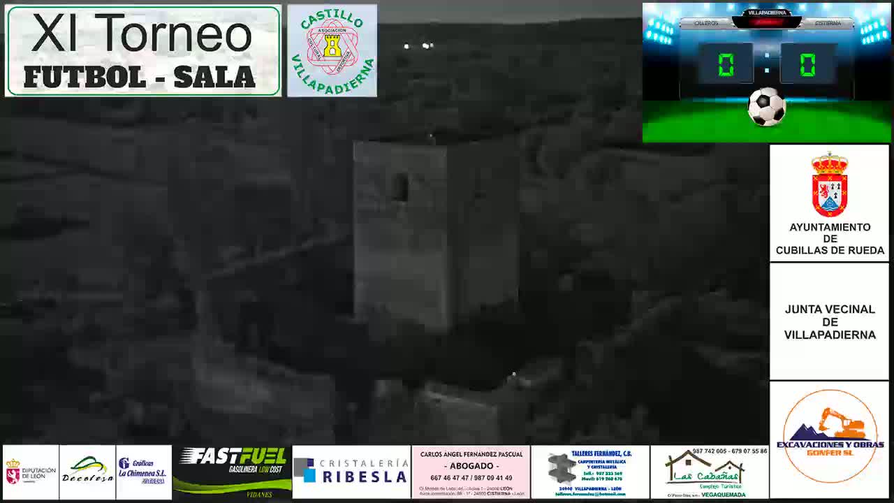 A dark, nighttime aerial view of a structure, possibly a castle, shows a soccer scoreboard displaying a 0-0 score in the upper right corner.