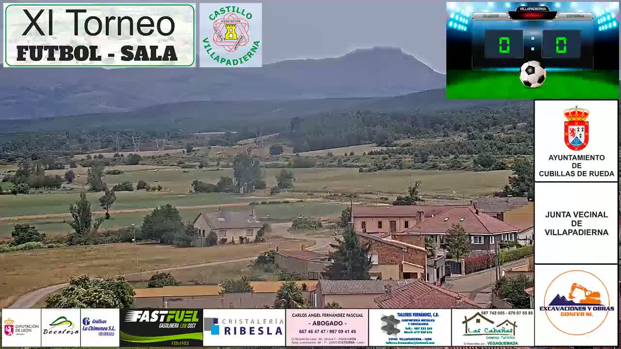 An overcast day reveals a rural landscape with a small village nestled amongst fields, backed by distant mountains, and a scoreboard showing a 0-0 tie.