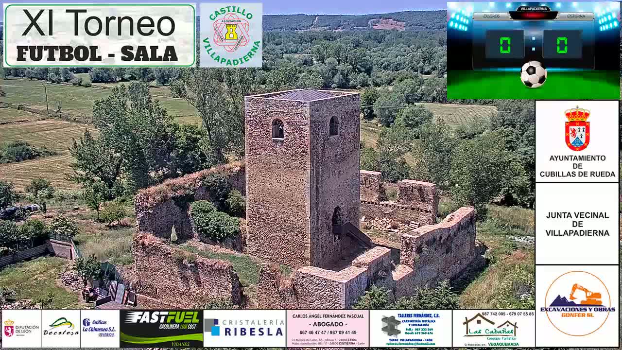 An aerial view shows the stone ruins of a tower and surrounding walls, situated in a rural landscape under sunny skies.