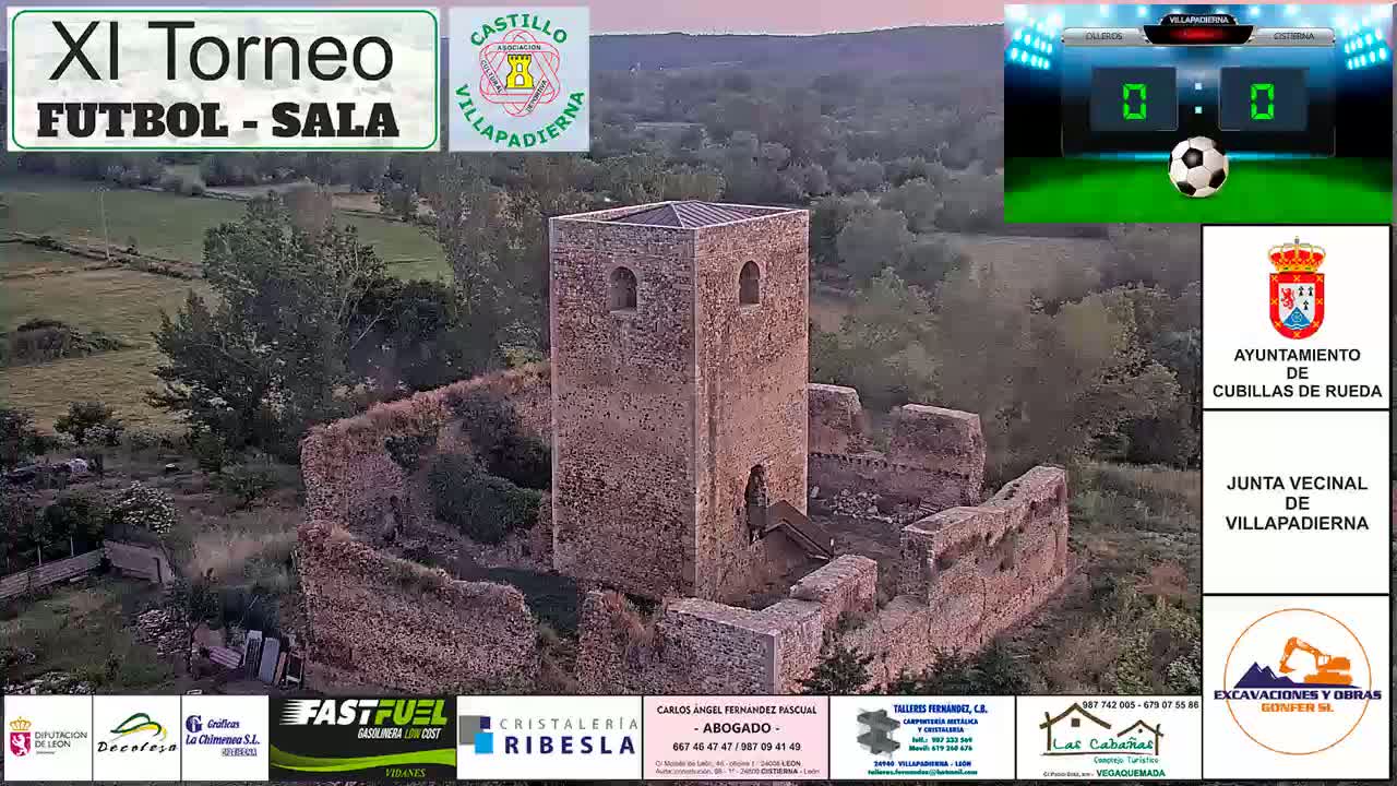 An aerial view shows the ruins of a stone castle at sunset, overlooking a green valley.