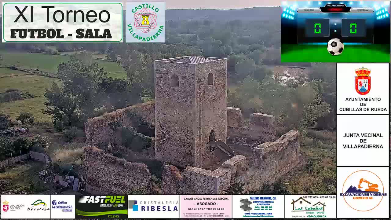 An aerial view shows the ruins of a stone tower and surrounding buildings, situated in a rural landscape under a mostly clear sky.